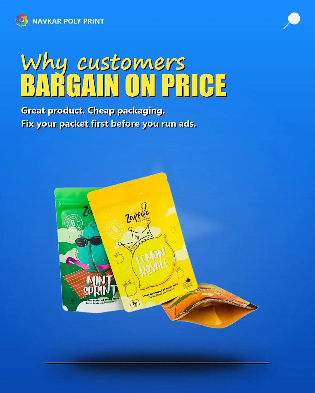 Blue marketing concept featuring green and yellow snack pouches