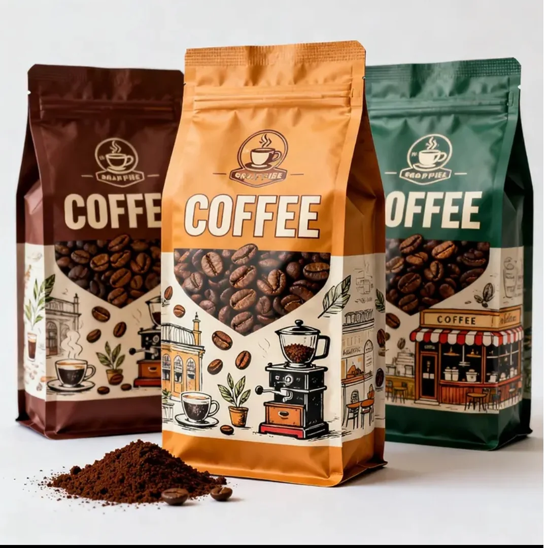 Brown amber and green printed coffee packs displayed together
