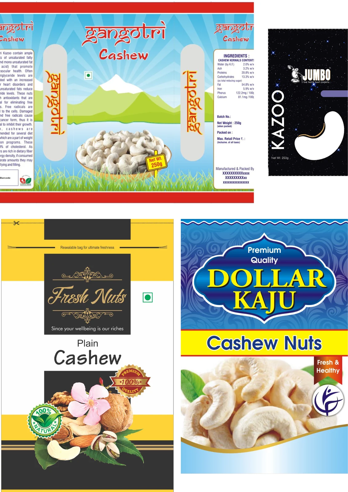 Cashew and dry-fruit packaging artwork with clear product naming