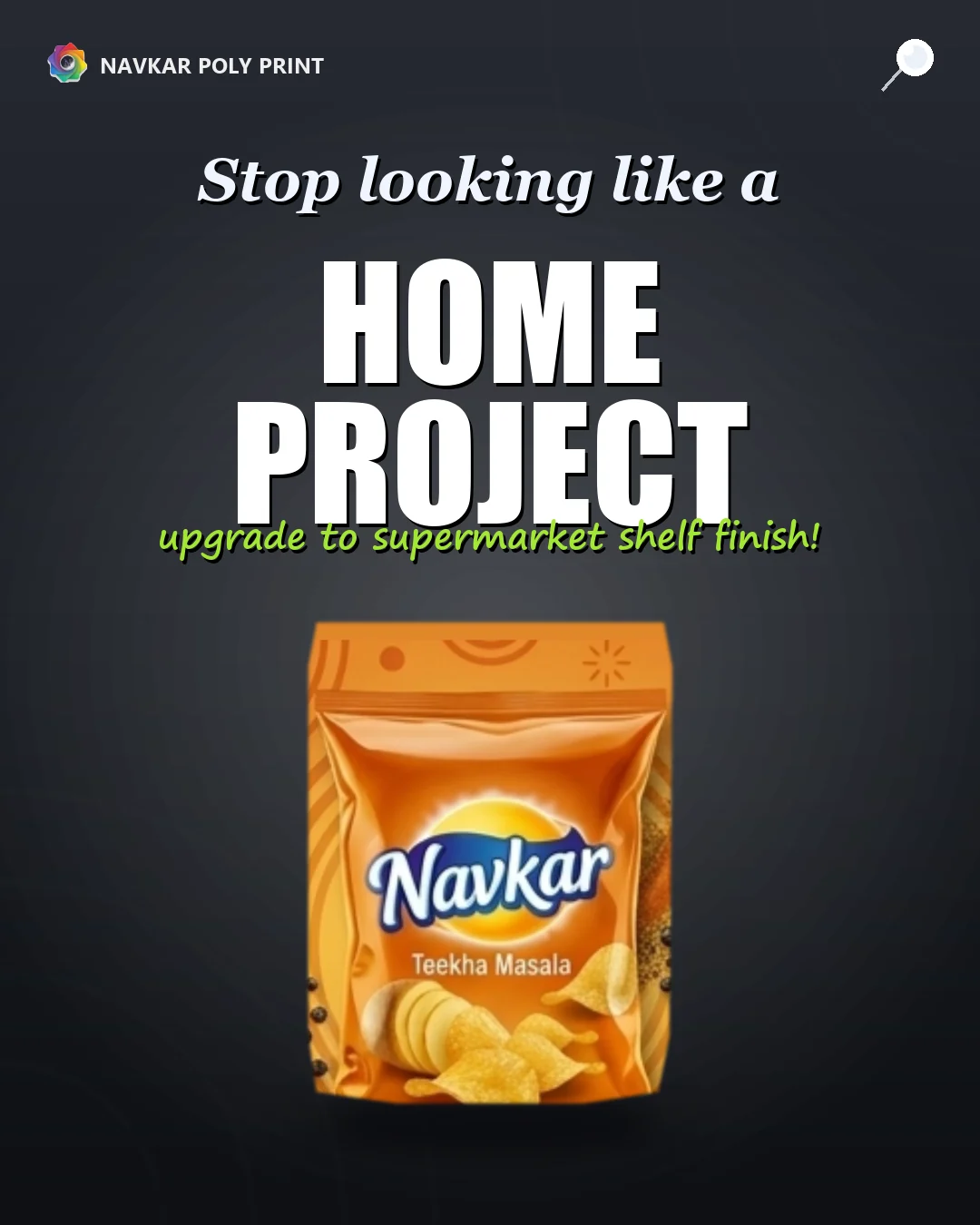Charcoal marketing concept featuring an orange Navkar snack pouch design