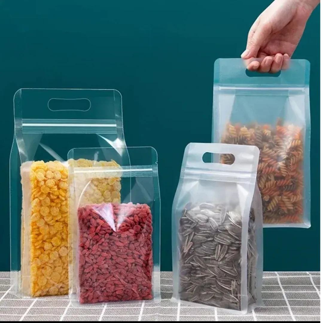 Clear handled pouches containing different dry foods