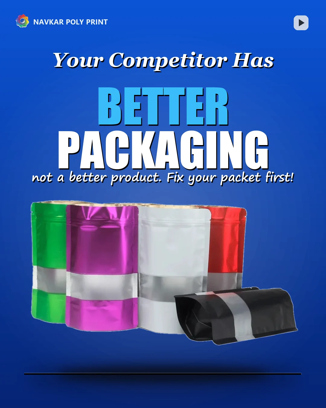 Cobalt marketing concept featuring metallic pouches with clear windows