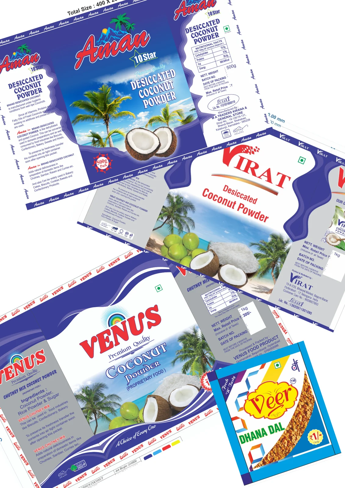Coconut powder and dry-food packaging artwork panels