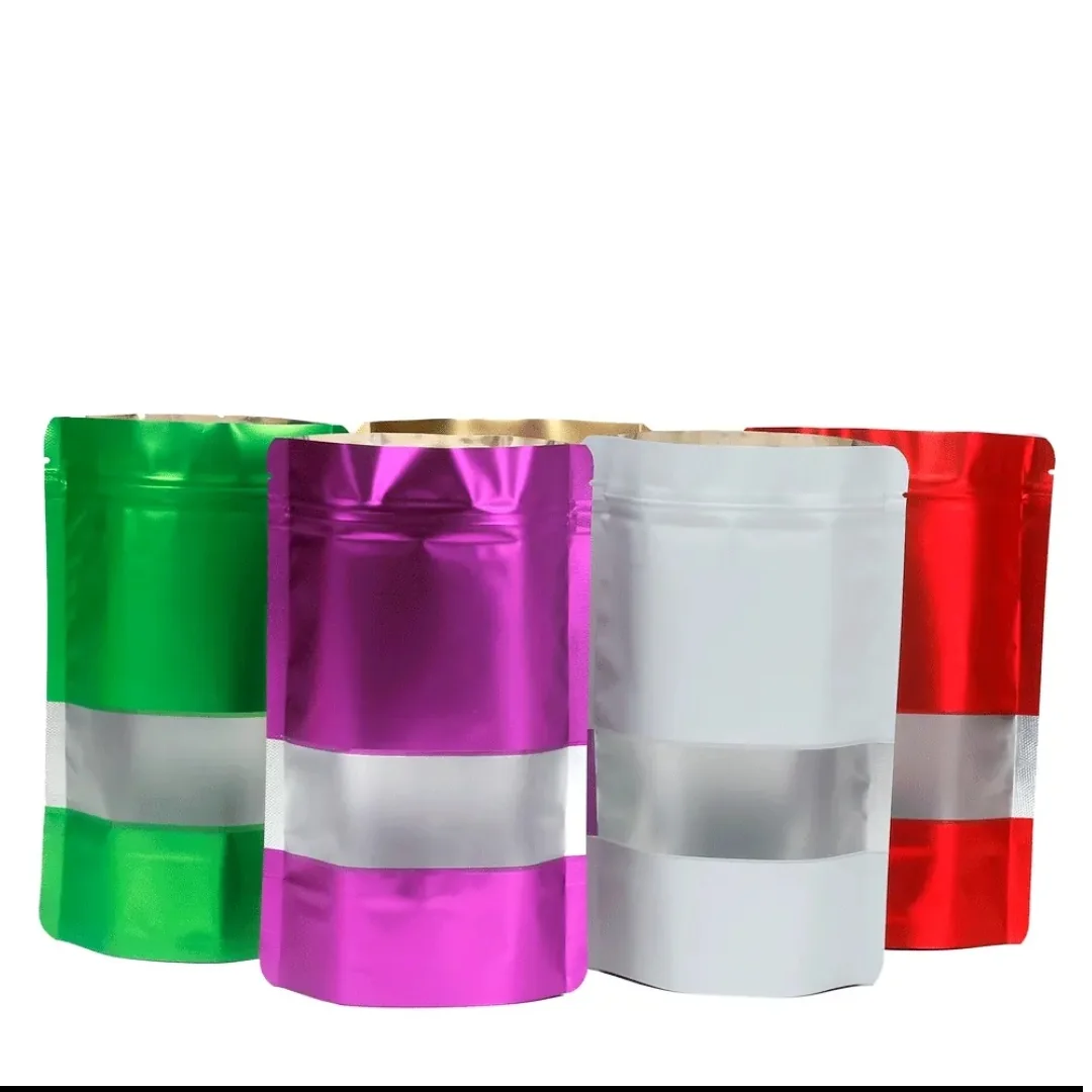 Green purple silver and red pouches with horizontal clear windows