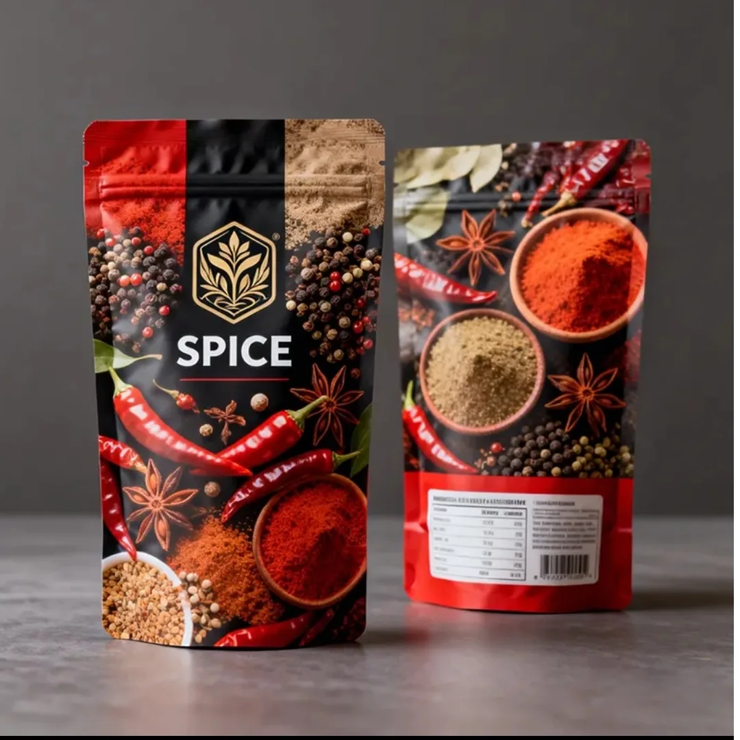 Dark printed spice pouches with spice illustrations on the front and back