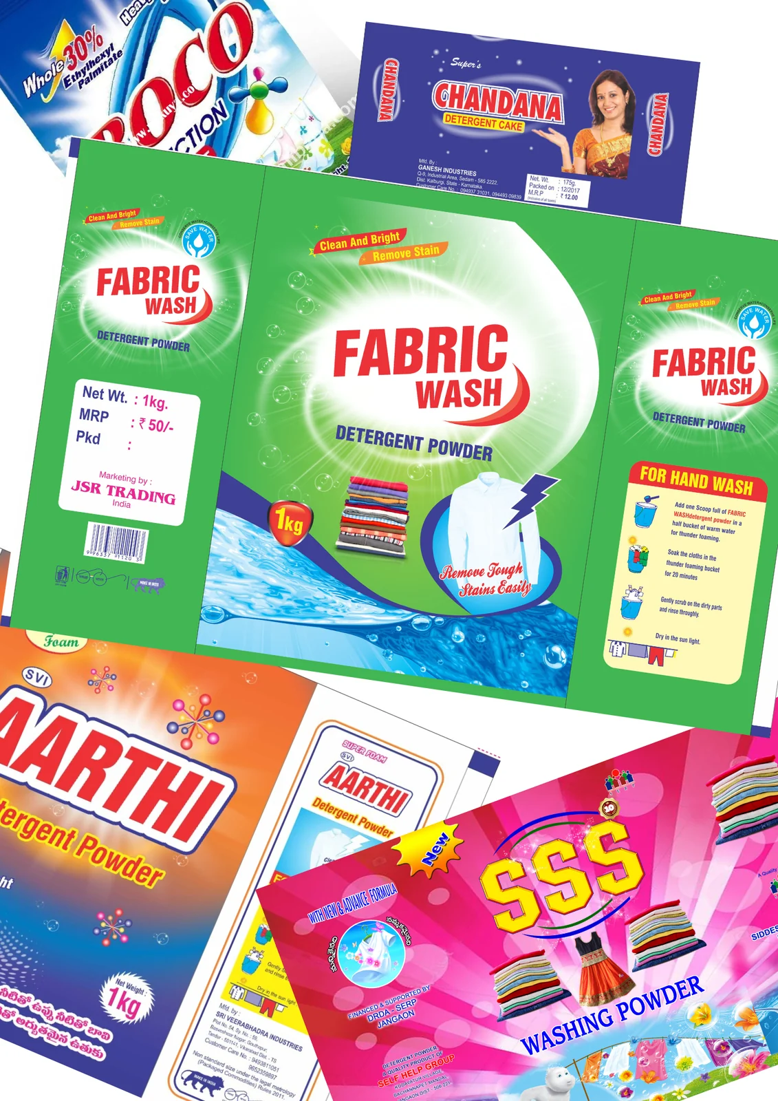 Detergent and fabric-wash packaging artwork in green yellow and pink