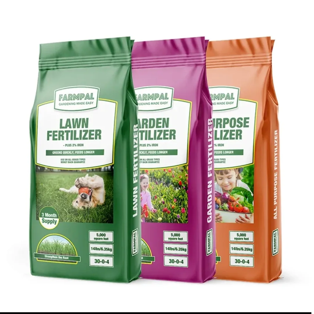 Green purple and orange printed fertilizer packs displayed together