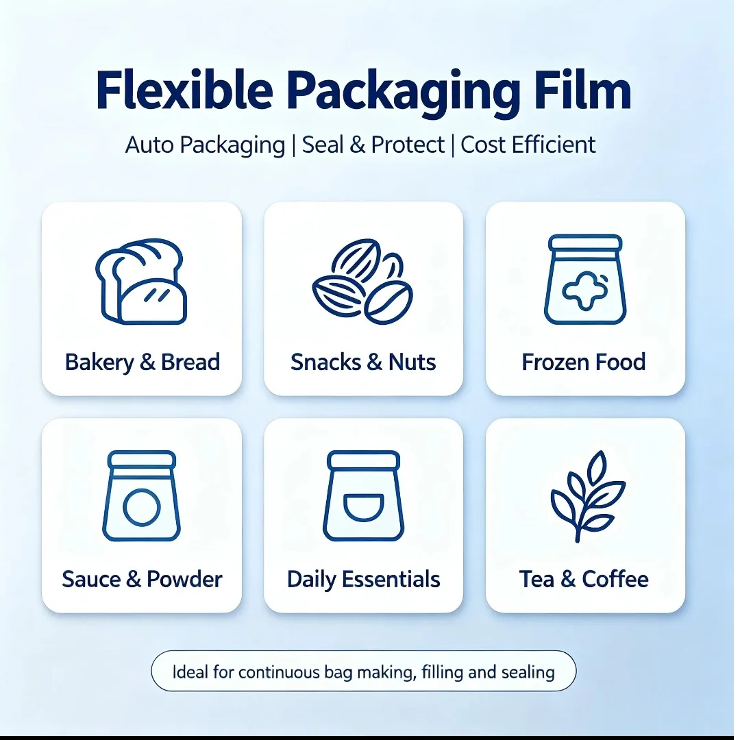 Illustrated flexible packaging film application chart for food and household products