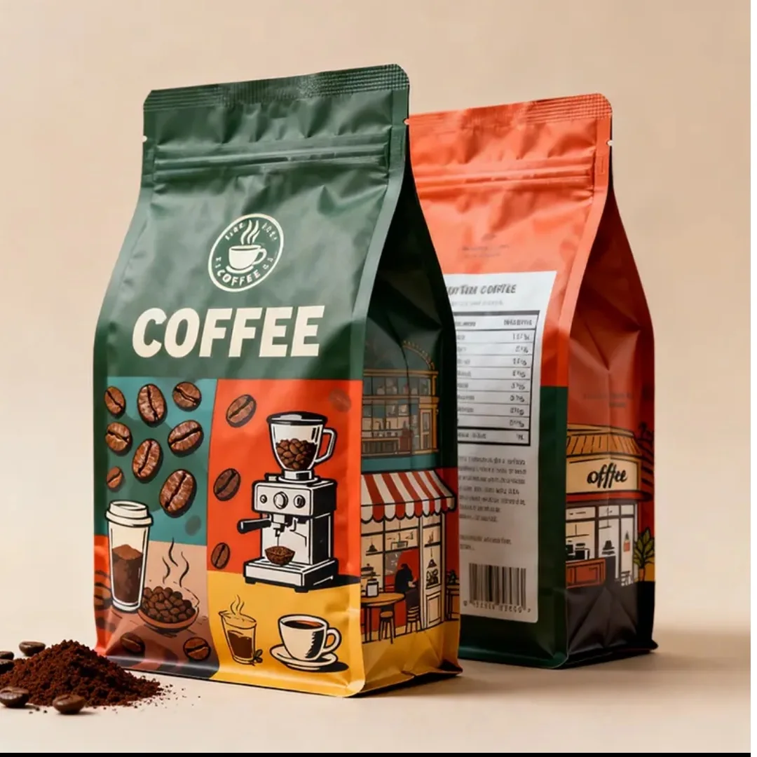 Green and orange printed coffee packs showing front and back panels