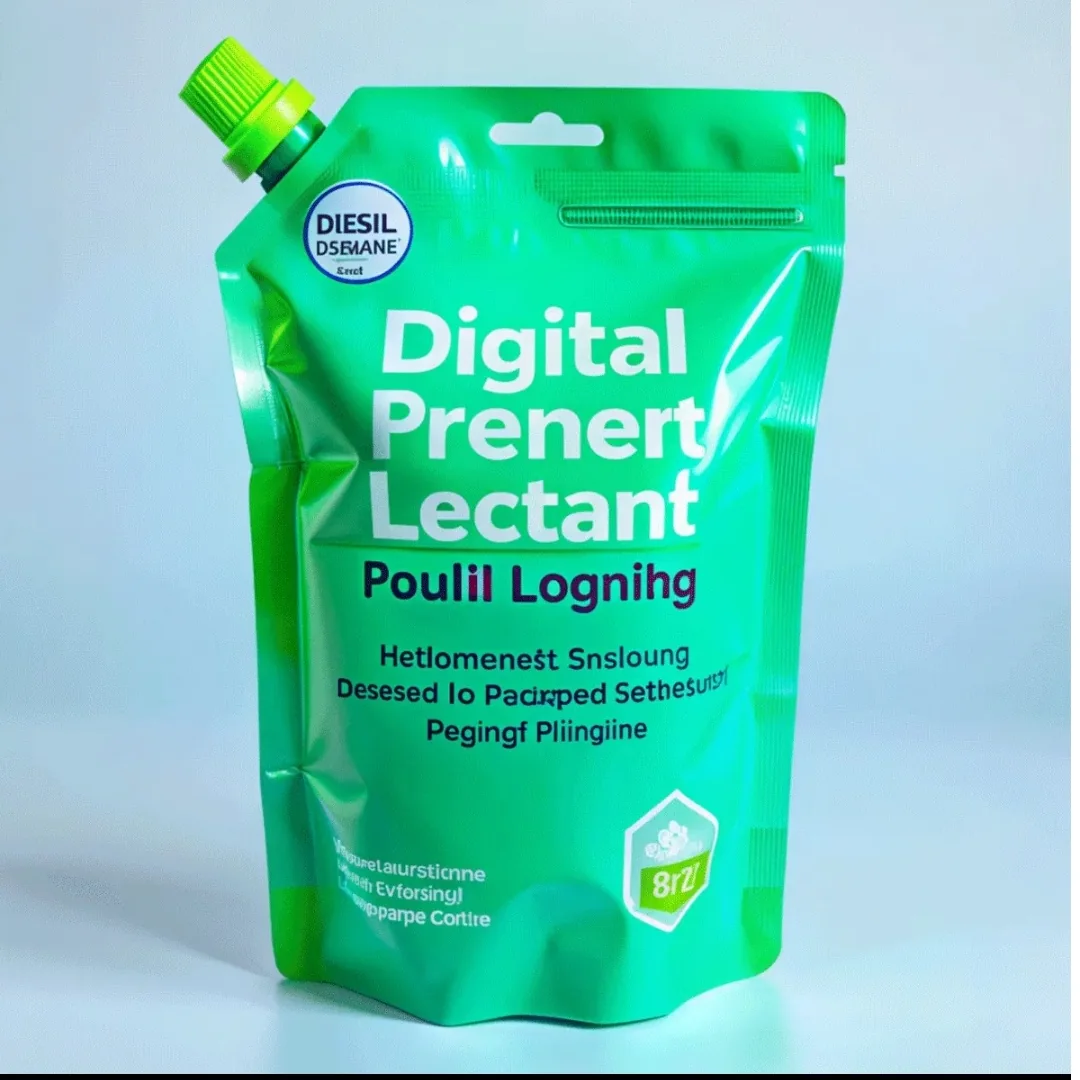 Green printed liquid pouch with a corner spout and a carry handle