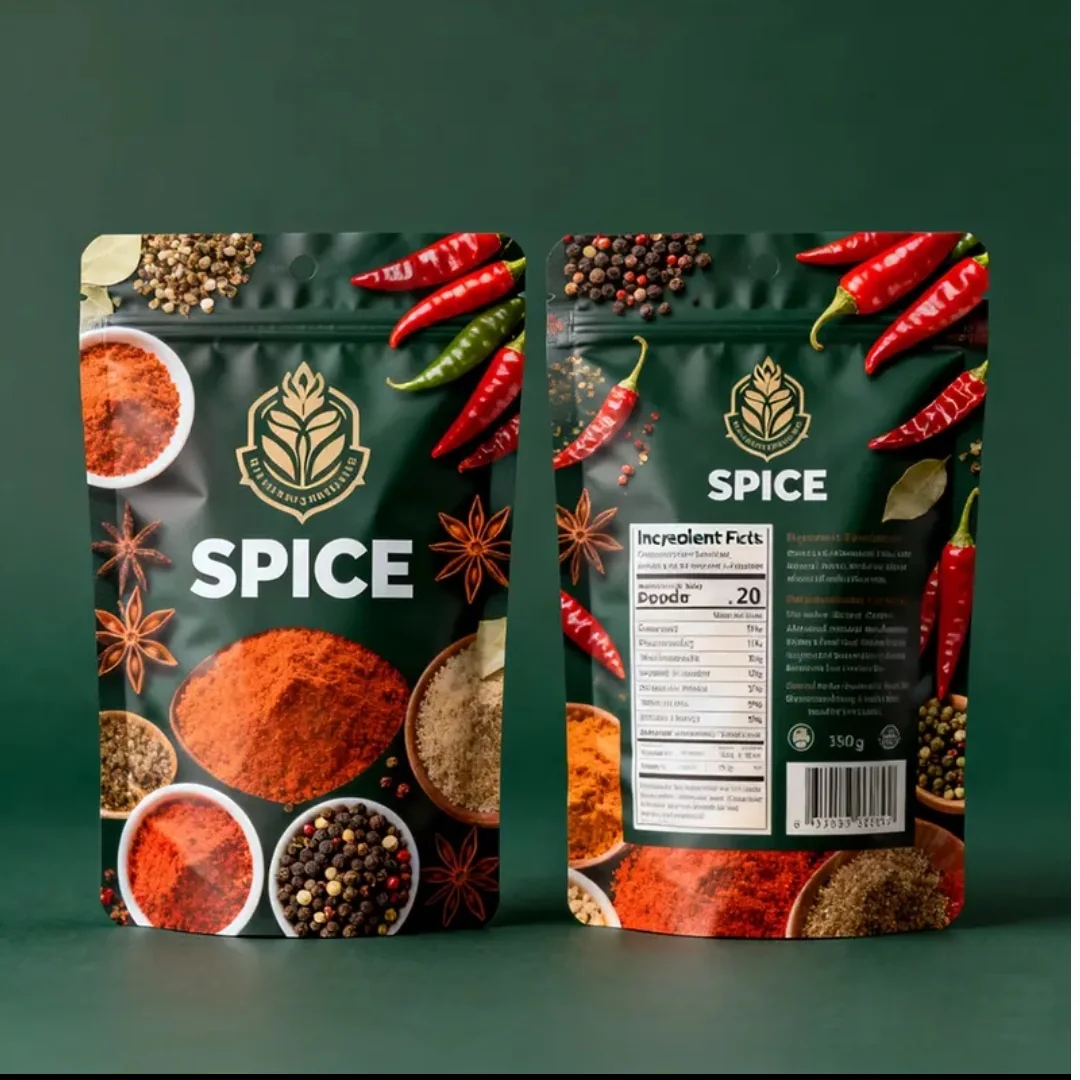 Green printed spice pouches showing front and back panels