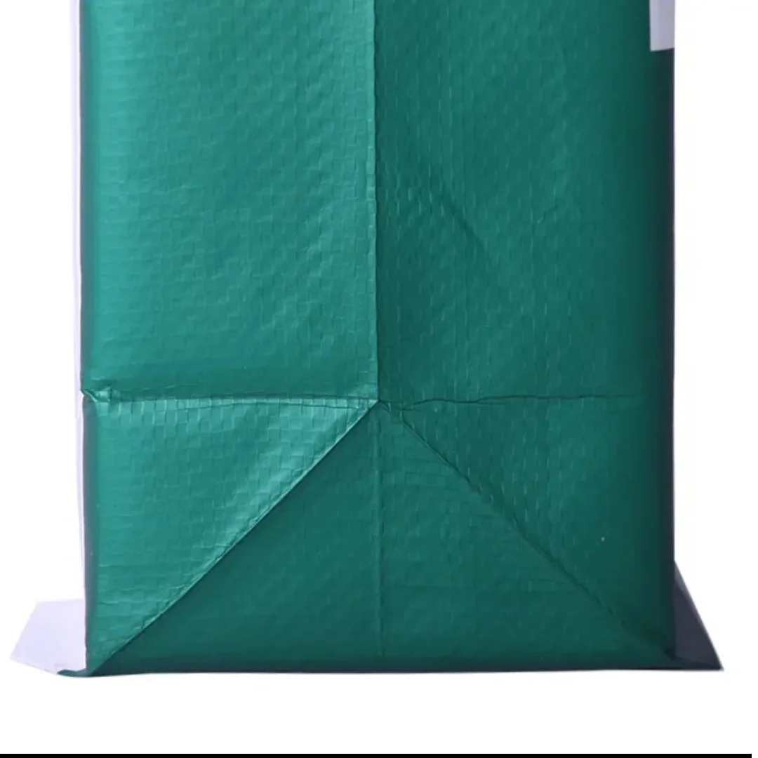 Close-up of the stitched bottom seam on a green woven sack