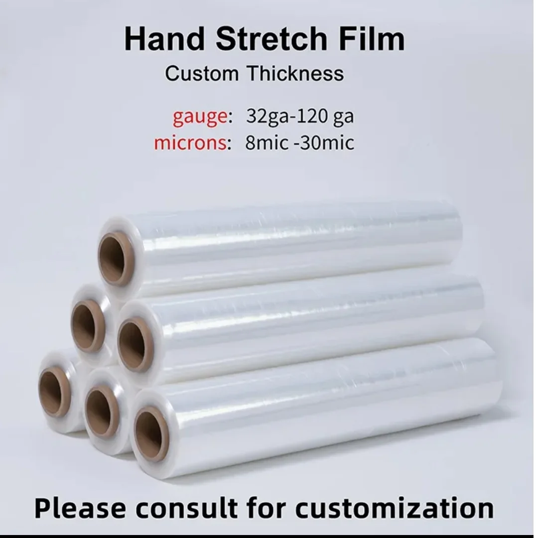 Illustrated hand stretch film rolls with supplier thickness annotations