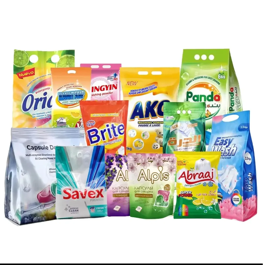 Assortment of colourful printed household refill pouches