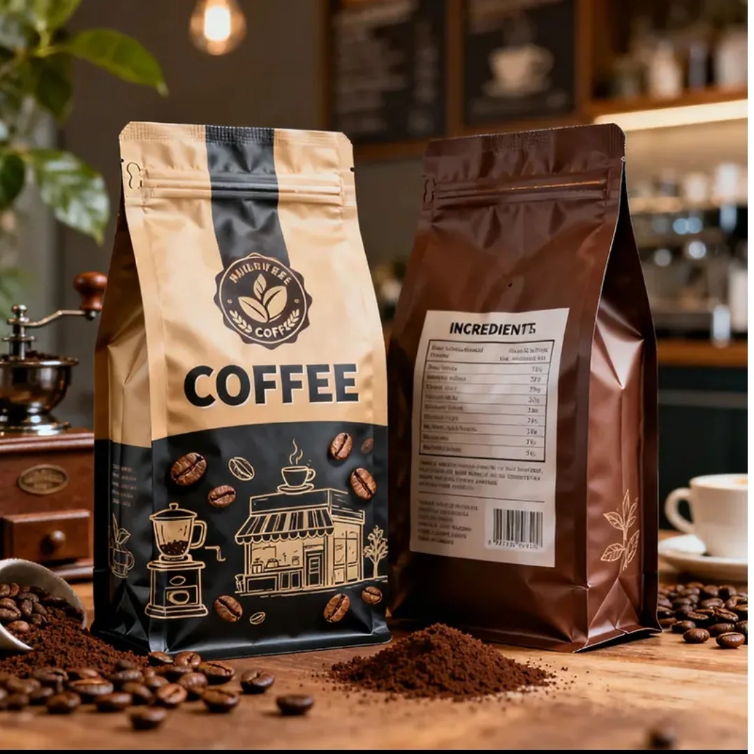 Kraft and brown coffee packs displayed beside coffee beans