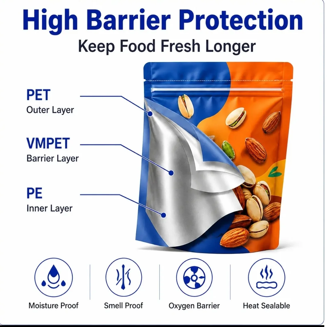 Cutaway illustration of a laminated pouch showing outer barrier and sealing layers
