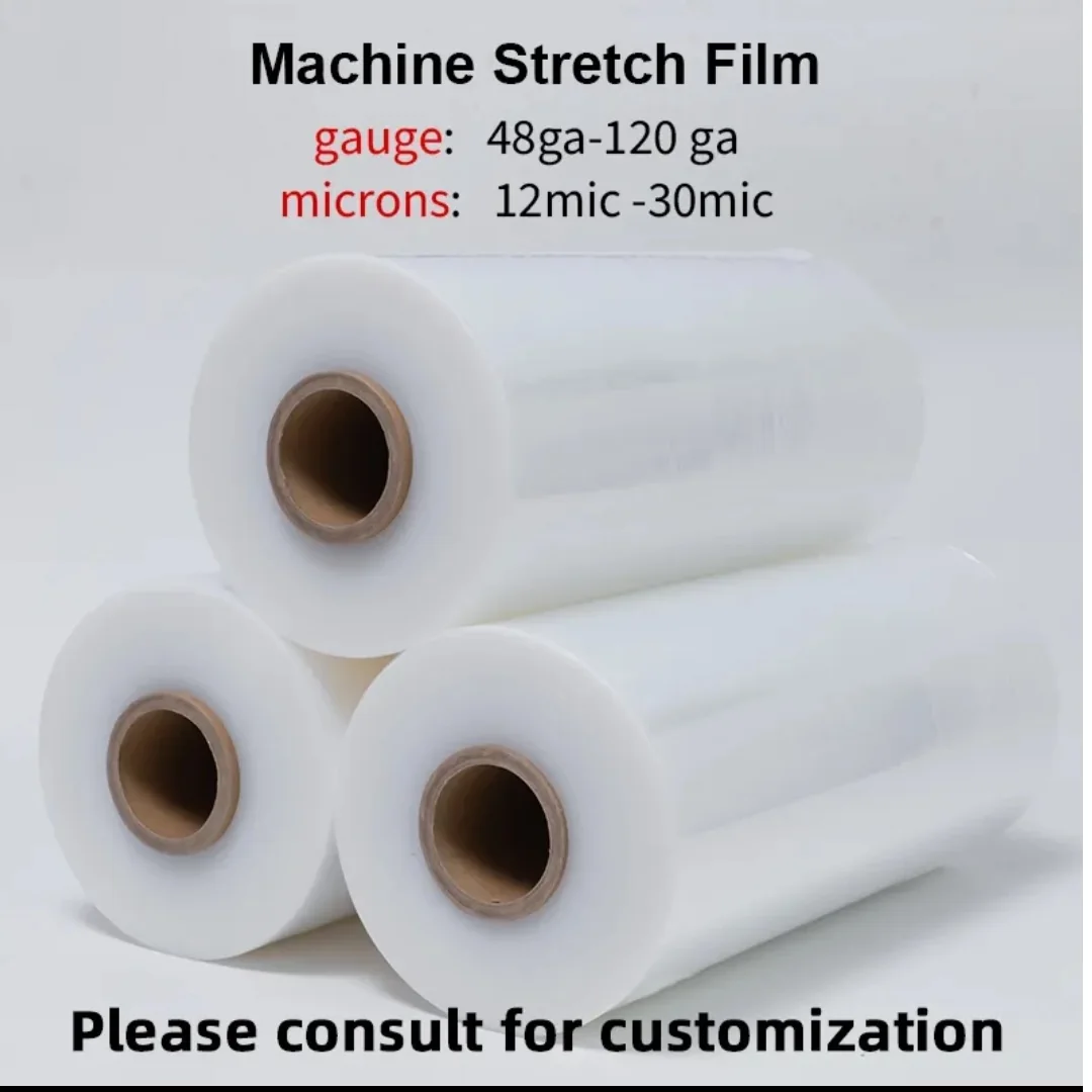 Illustrated machine stretch film rolls with supplier thickness annotations
