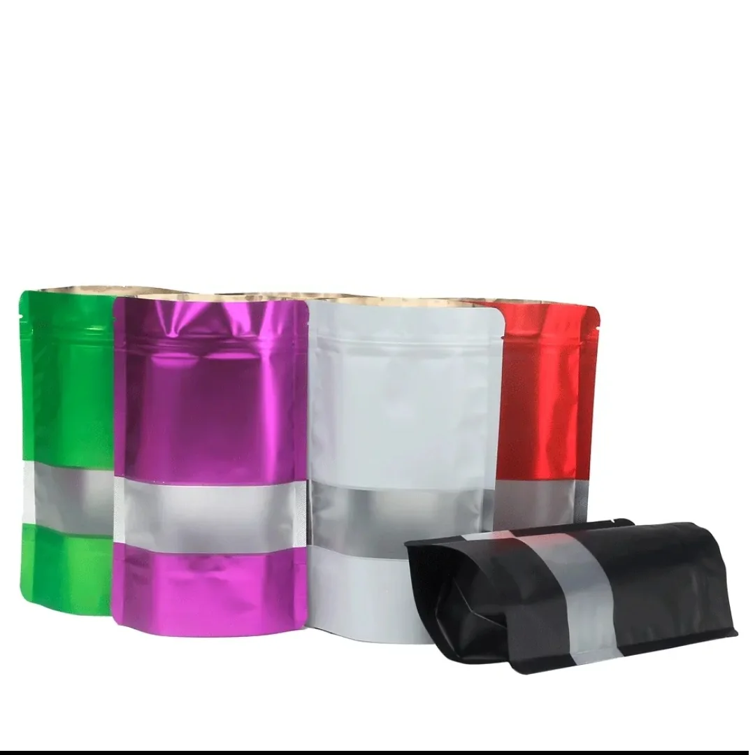 Metallic green purple silver and red window pouches with a black pack