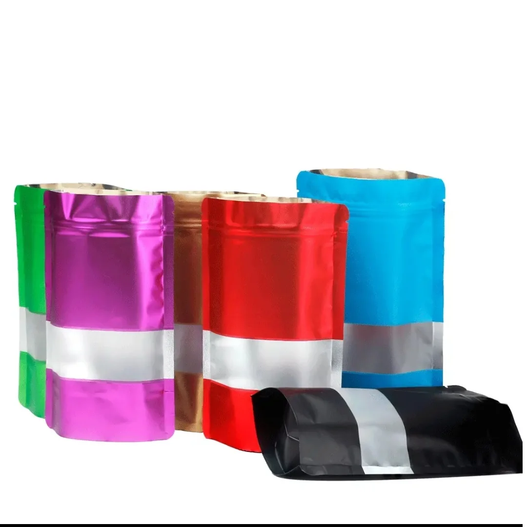 Coloured metallic window pouches displayed with a black pouch lying in front