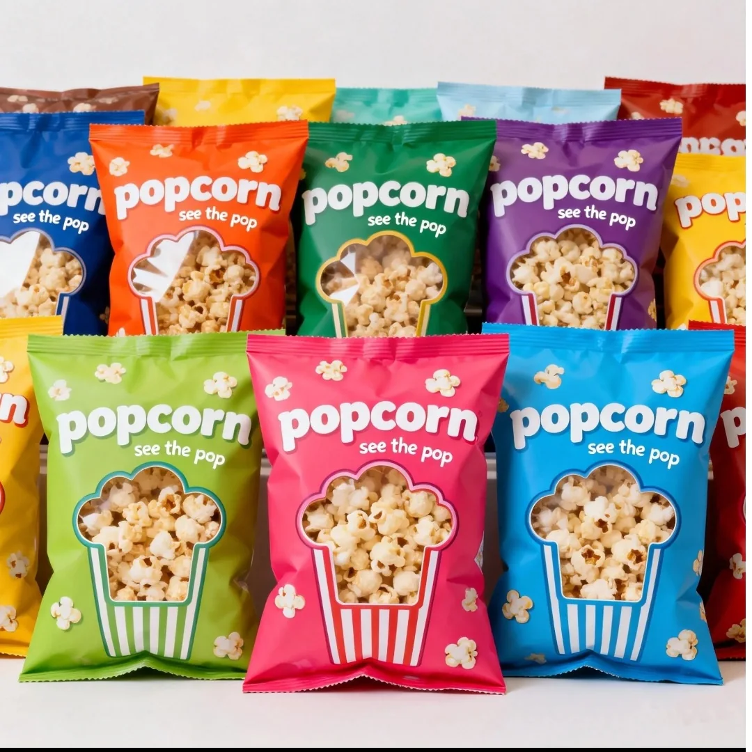 Range of colourful printed popcorn pouches displayed together