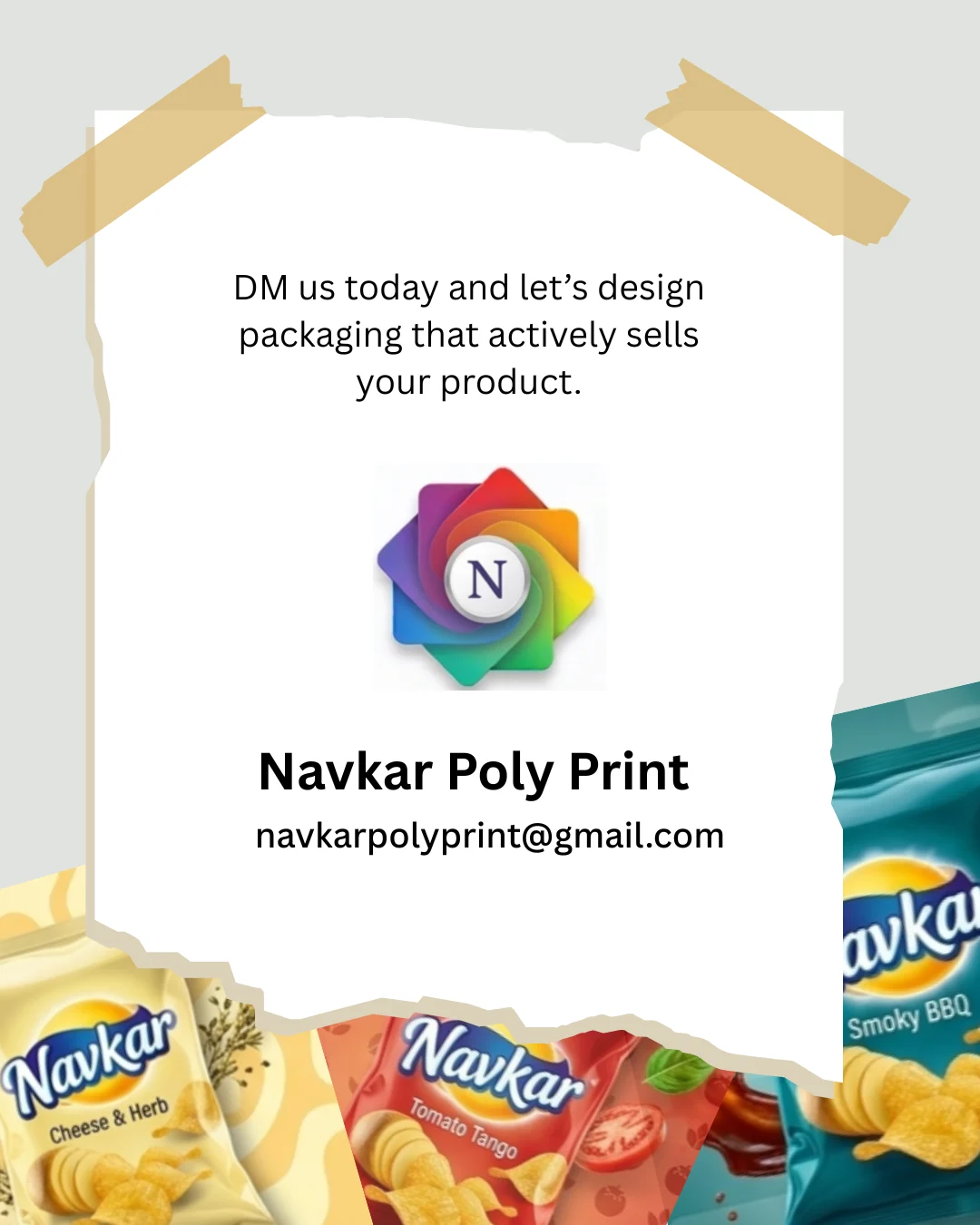 Navkar Poly Print introduction artwork with snack packaging along the bottom