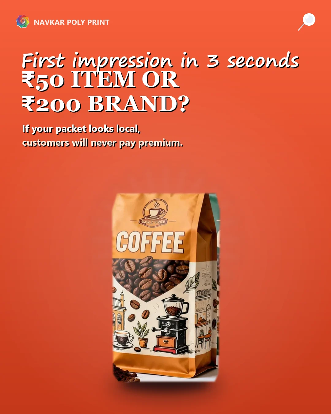Orange marketing concept featuring an illustrated coffee pouch