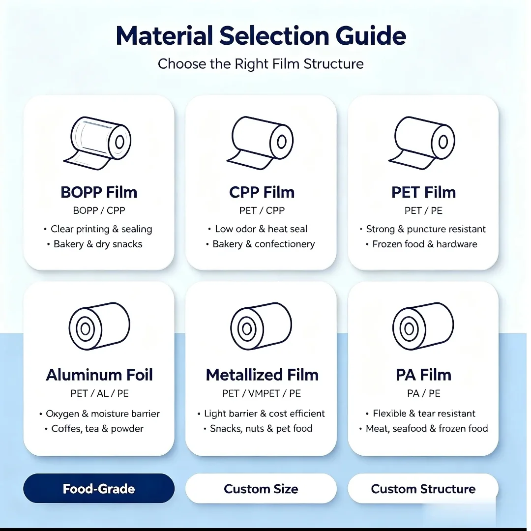 Illustrated material selection chart showing common packaging film types