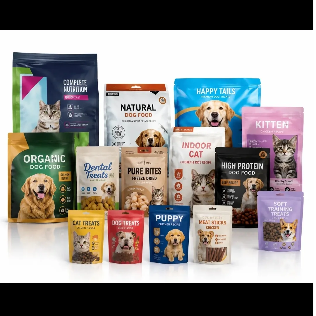 Assortment of printed pet food pouches in different sizes and formats