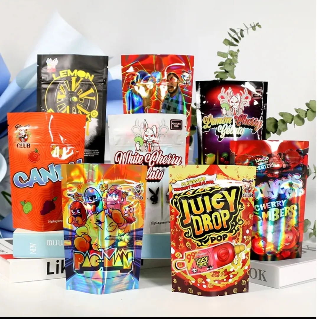 Assortment of printed candy pouches with colourful artwork