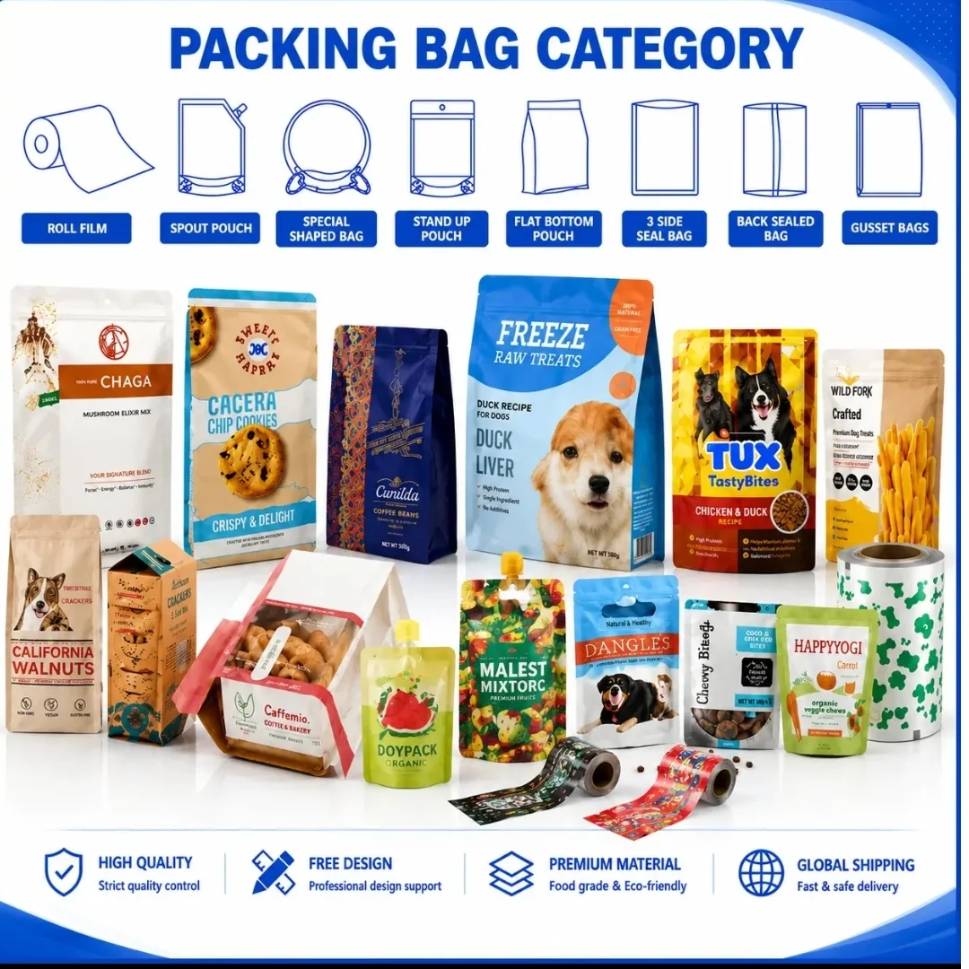 Chart of different printed packaging bag formats with sample food packs
