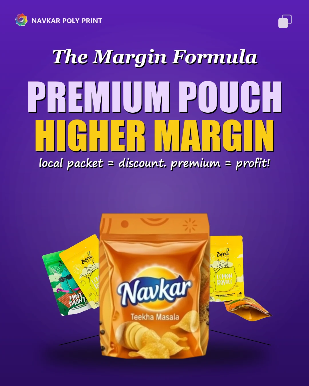 Purple marketing concept featuring an orange Navkar snack pouch design