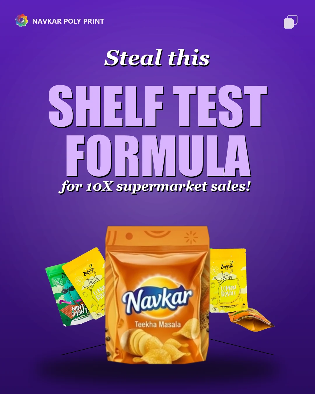 Purple packaging marketing concept featuring yellow snack pouches