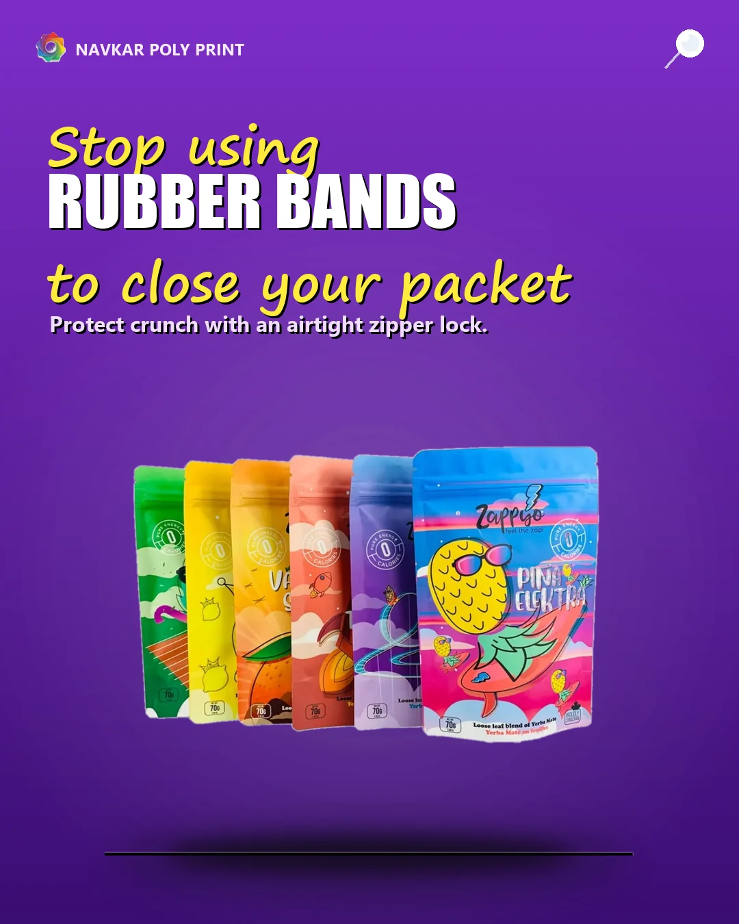 Purple marketing concept featuring colourful resealable pouches