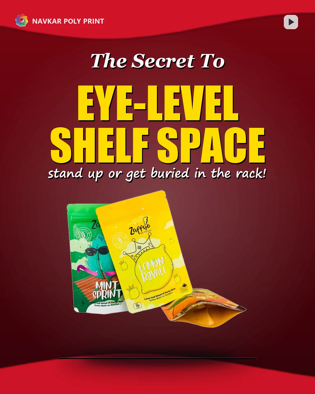 Red marketing concept featuring yellow snack pouches and retail typography
