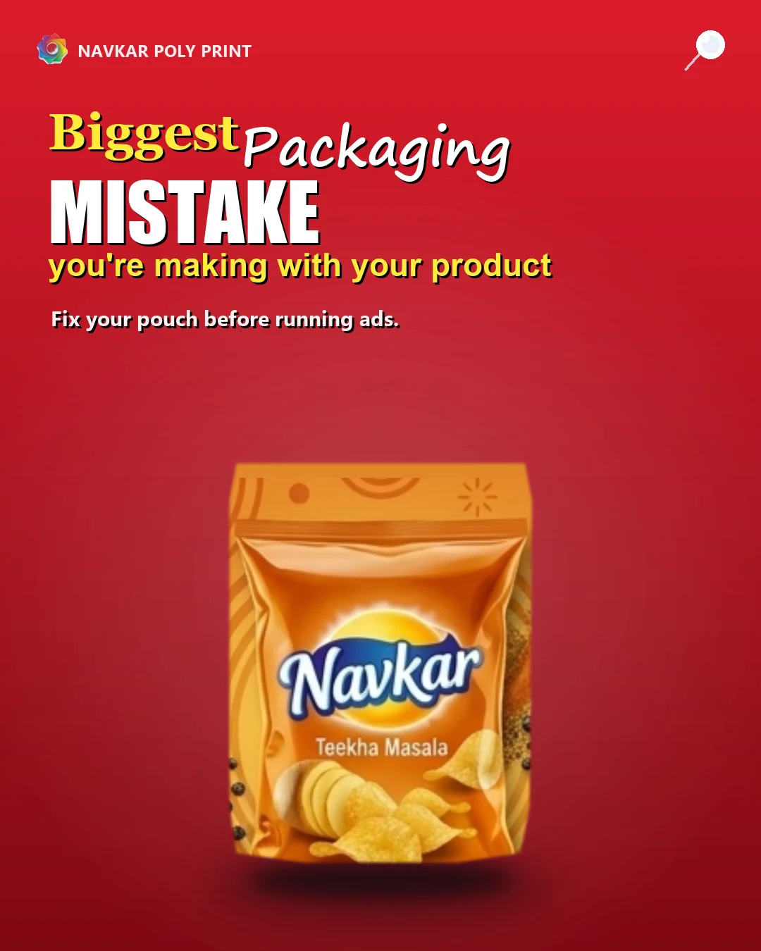 Red marketing concept featuring an orange Navkar snack pouch design