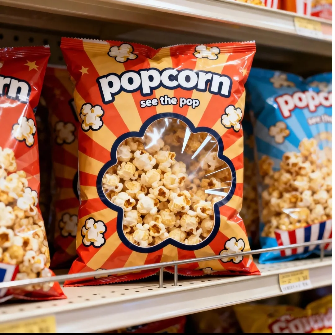Red printed popcorn pouch displayed on a shop shelf