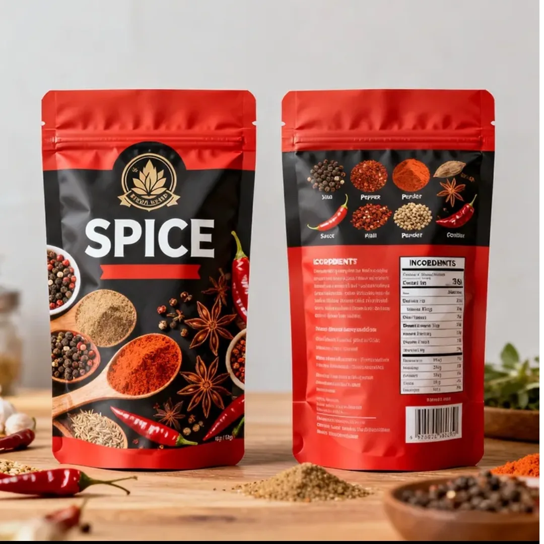 Red printed spice pouches showing front artwork and a back information panel