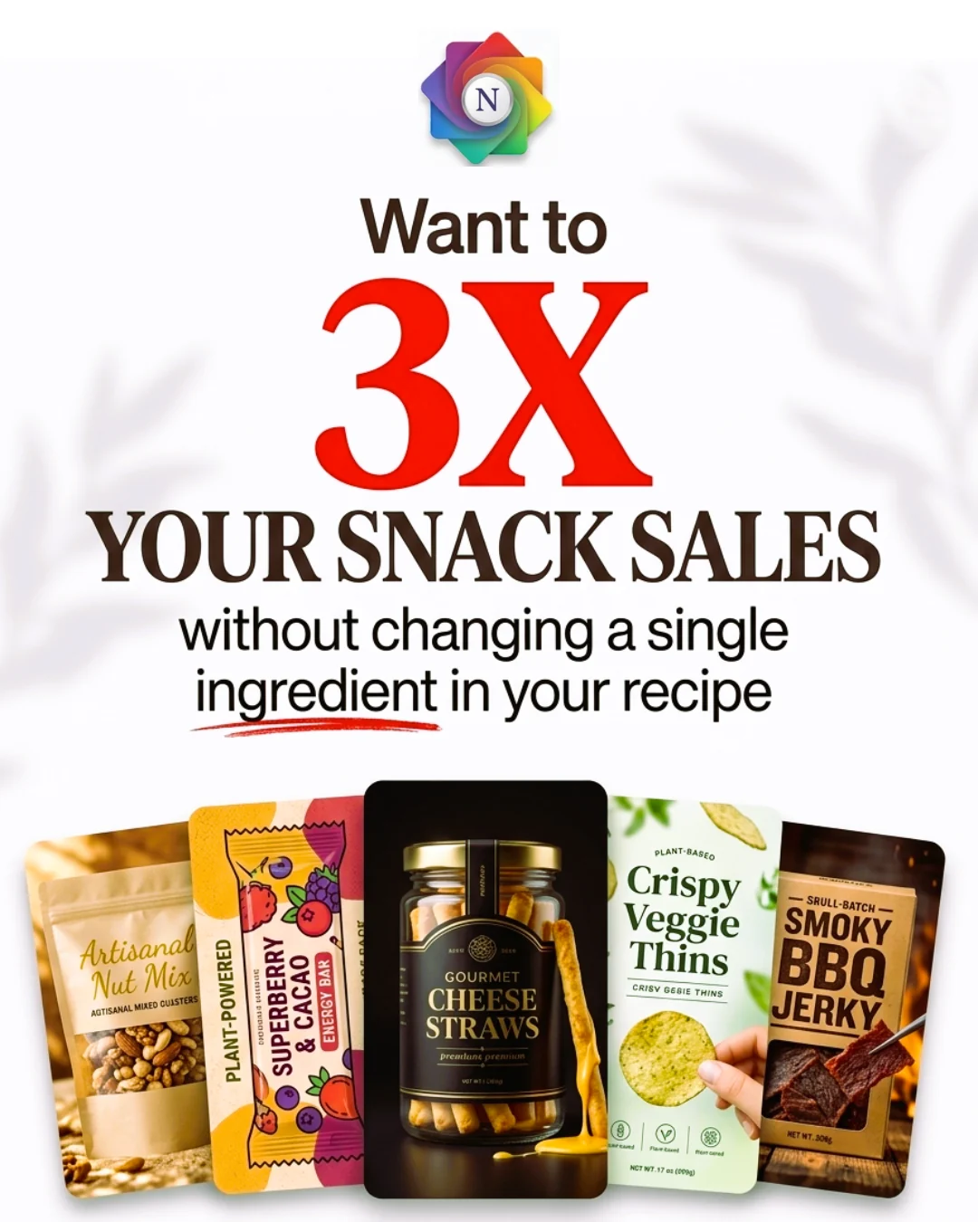White marketing concept featuring printed snack pouch designs