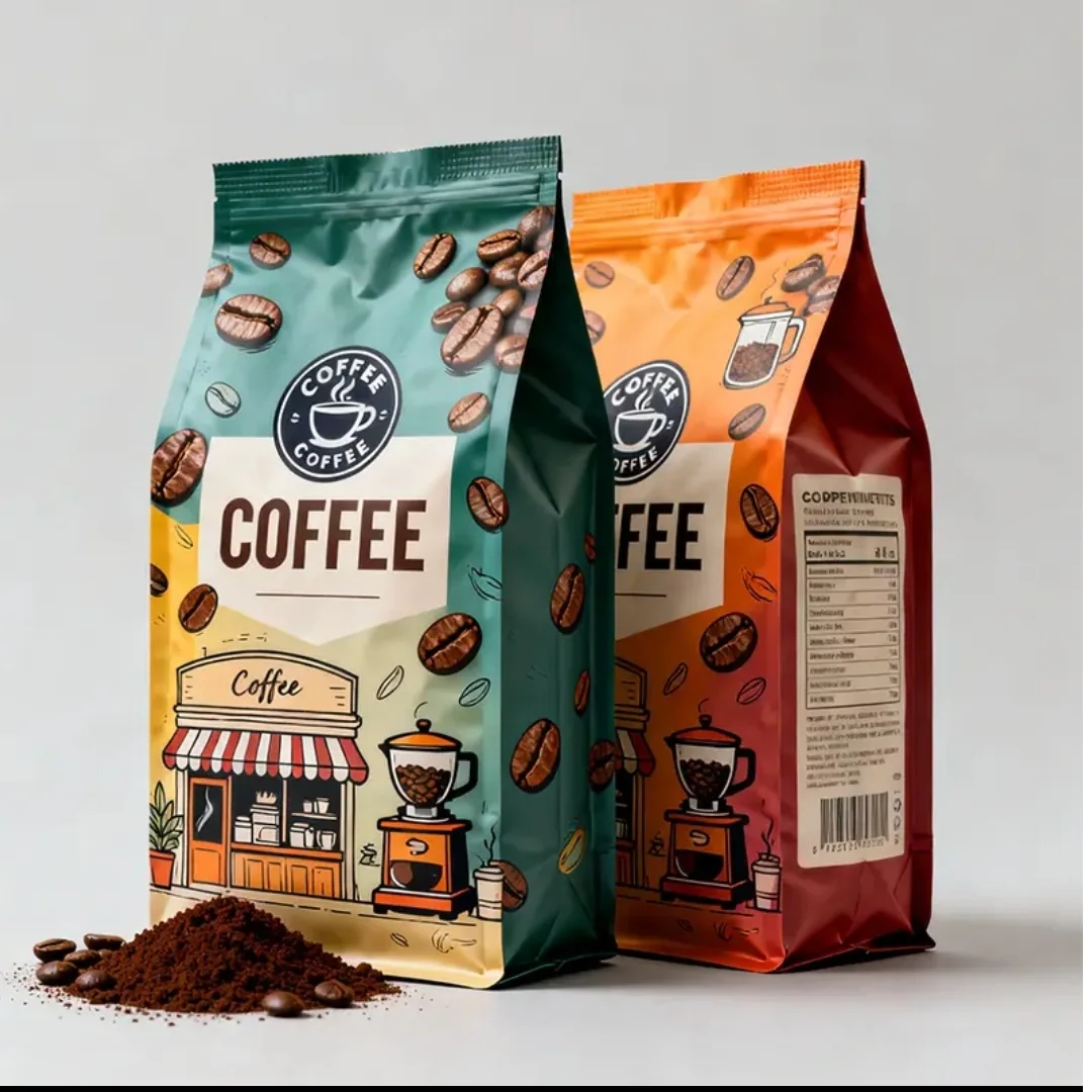 Teal and orange printed coffee packs with gusseted side panels