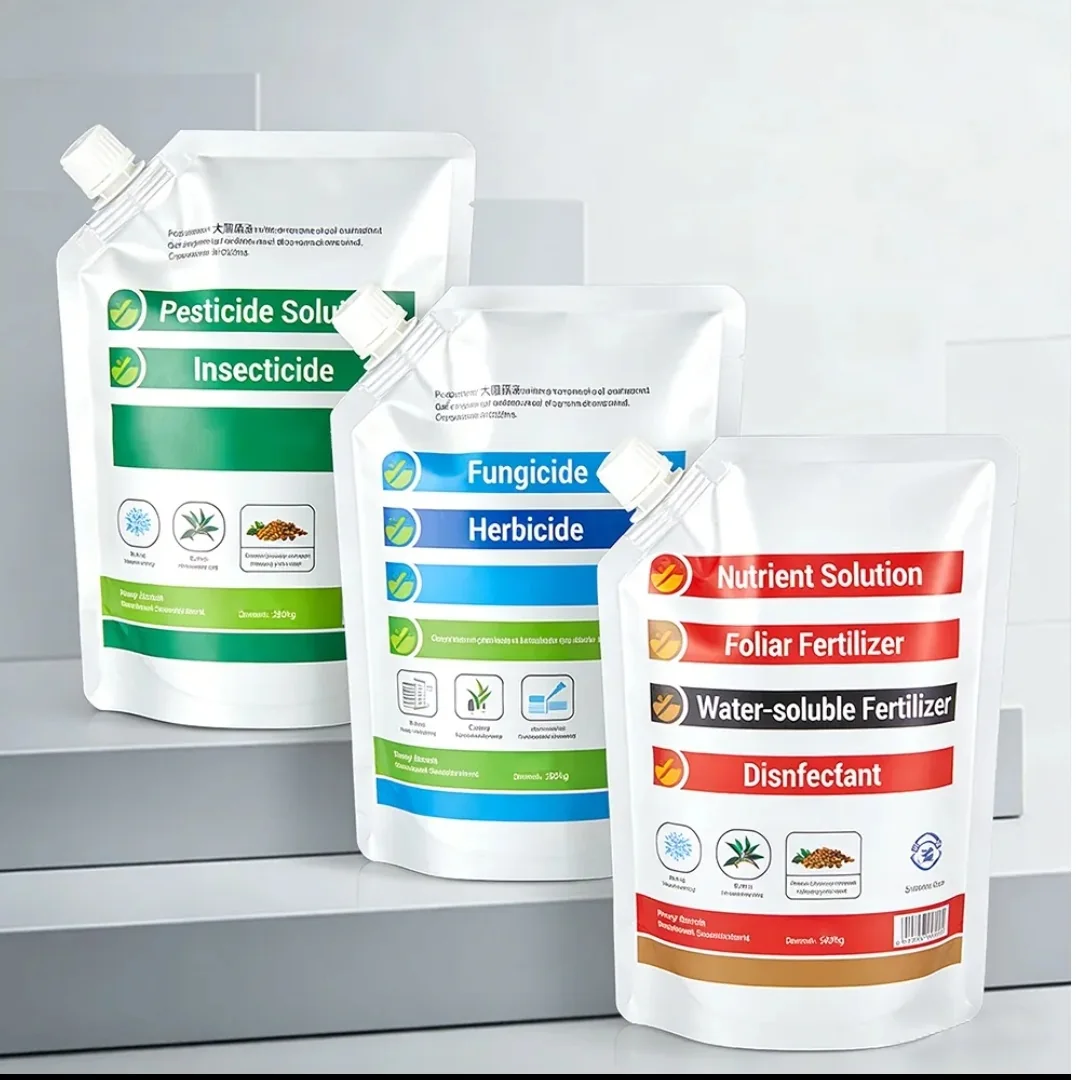 Three white printed agricultural pouches with corner spouts