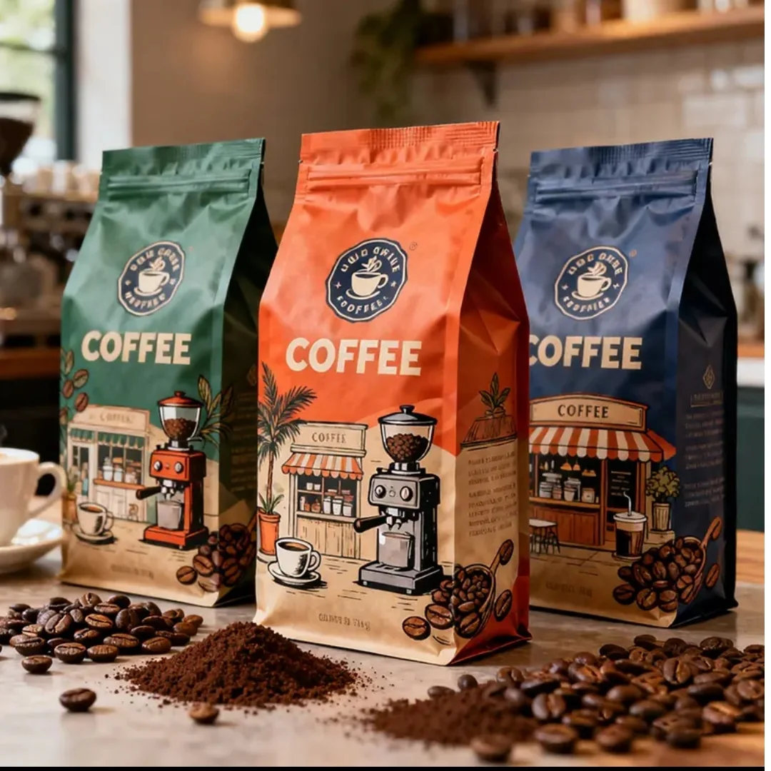Green orange and dark printed coffee pouches in a cafe setting
