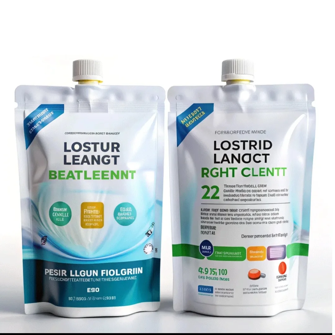 White printed liquid pouches with screw caps shown from the front and back
