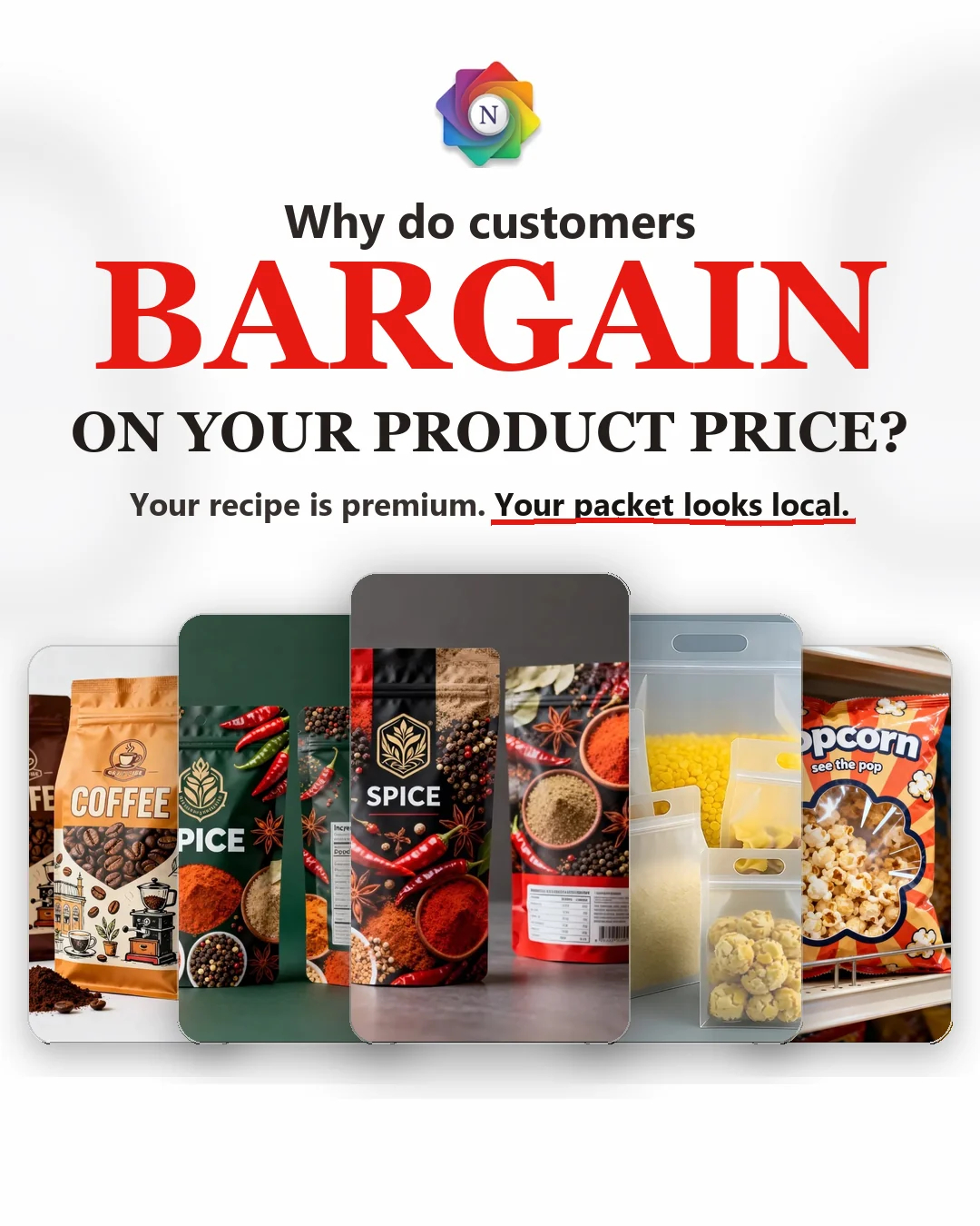 White packaging marketing concept featuring coffee spice and snack pouches