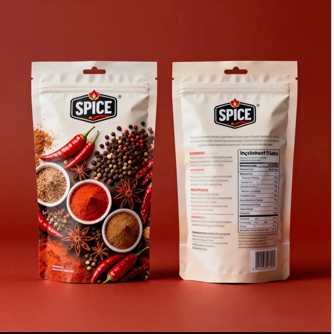 White printed spice pouches displayed against a red backdrop
