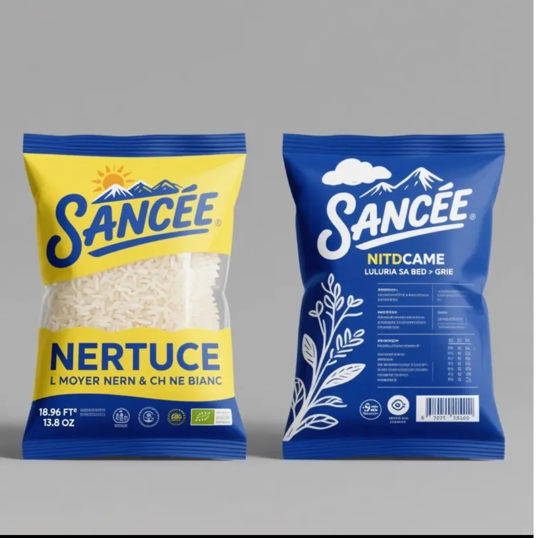 Yellow and blue printed rice packaging showing front and back panels