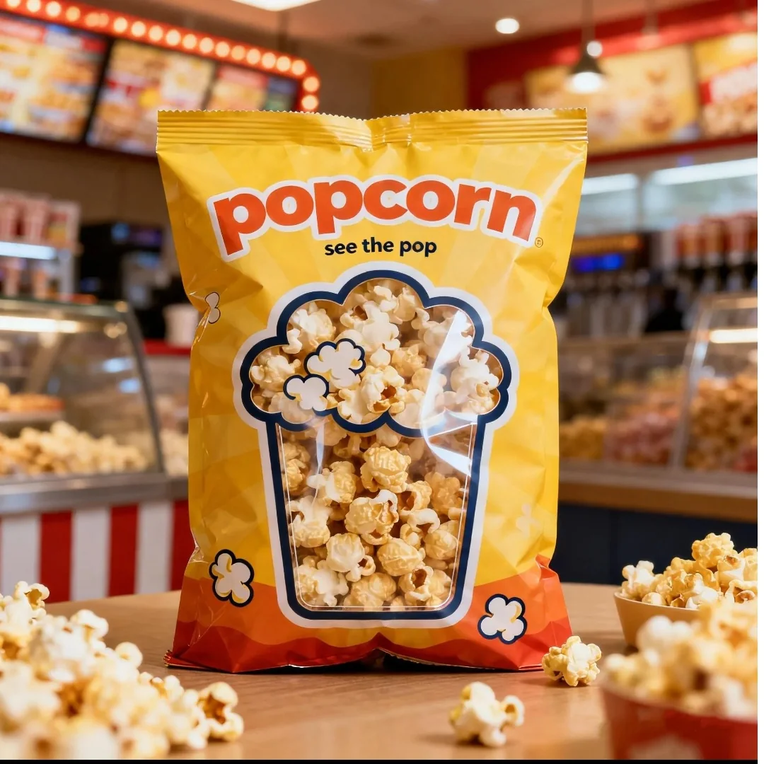 Yellow printed popcorn pouch displayed inside a shop