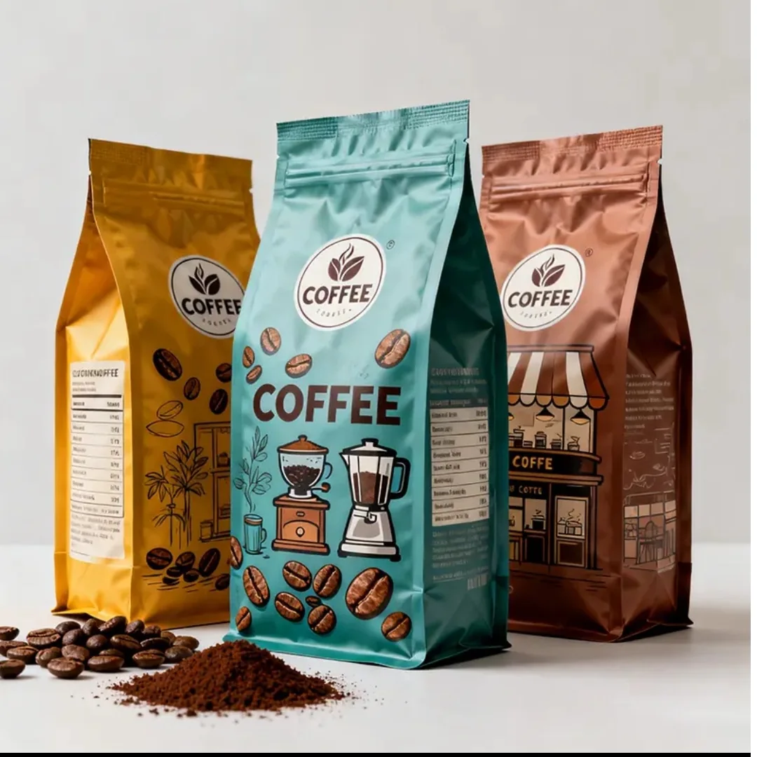 Yellow teal and brown printed coffee packs with illustrated artwork